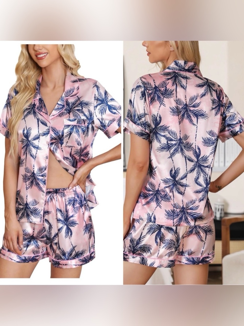 💥 Satin Pajama Set in Pink Coconut Trees